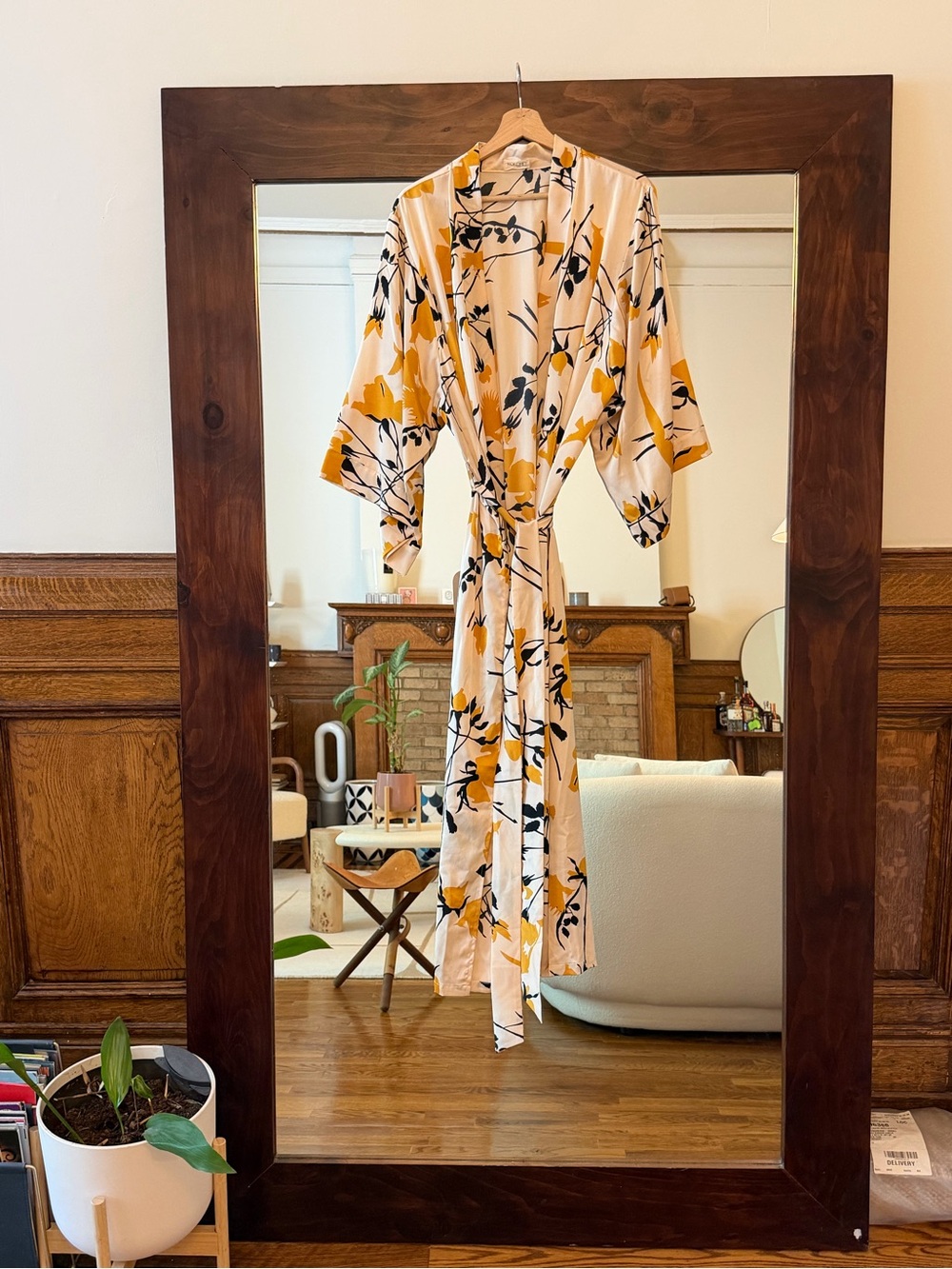 Floral Satin Robe with Yellow & Black Print - One Size - Picture 3 of 4